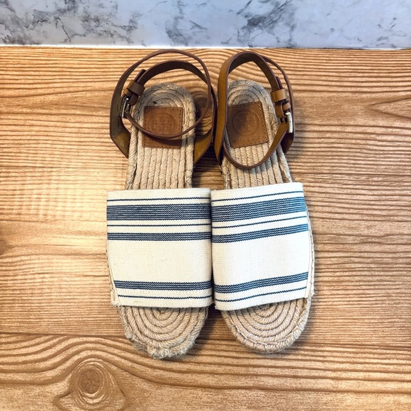 TORY BURCH Stretch-Canvas Espadrille Sandals Ankle Wrap Natural/Blue Size 7 - Picture 5 of 11